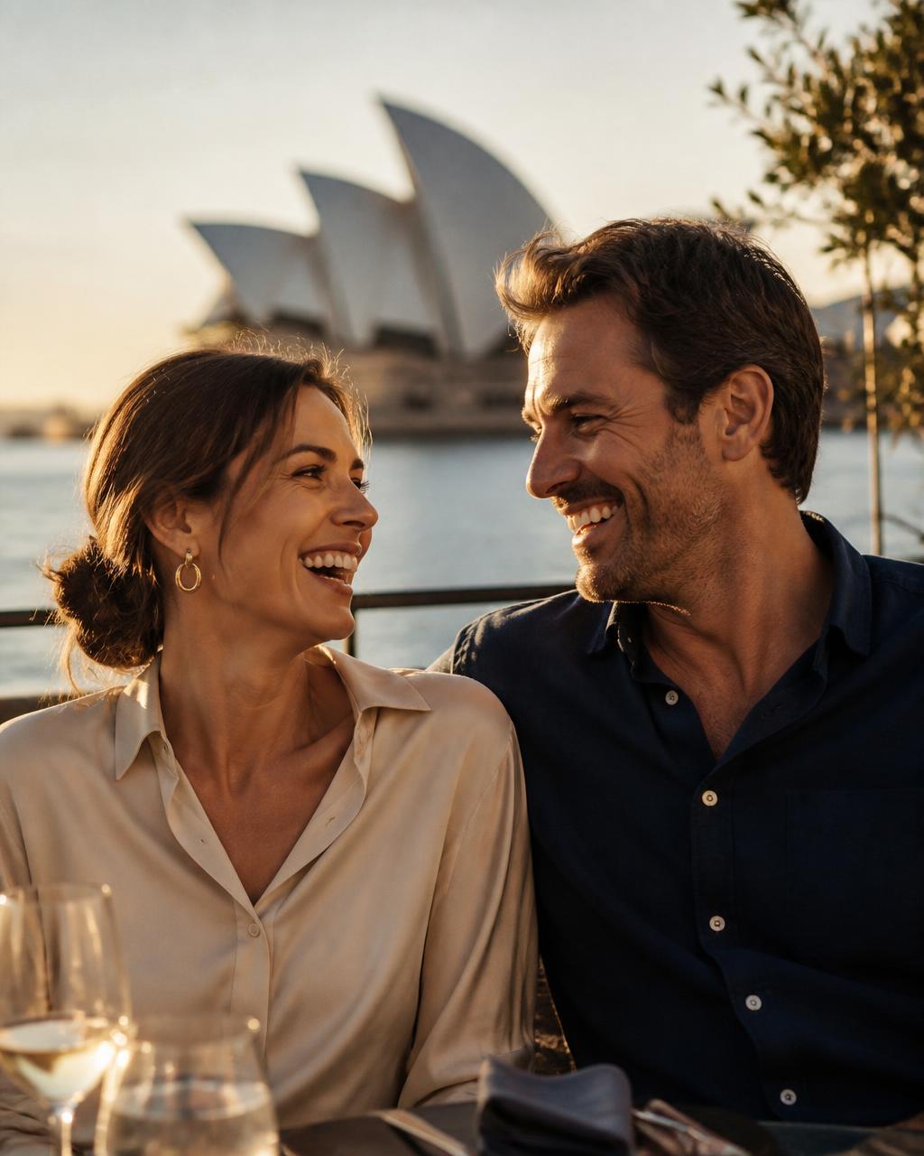 Happy couple enjoying an evening together with Sydney Opera House in the background